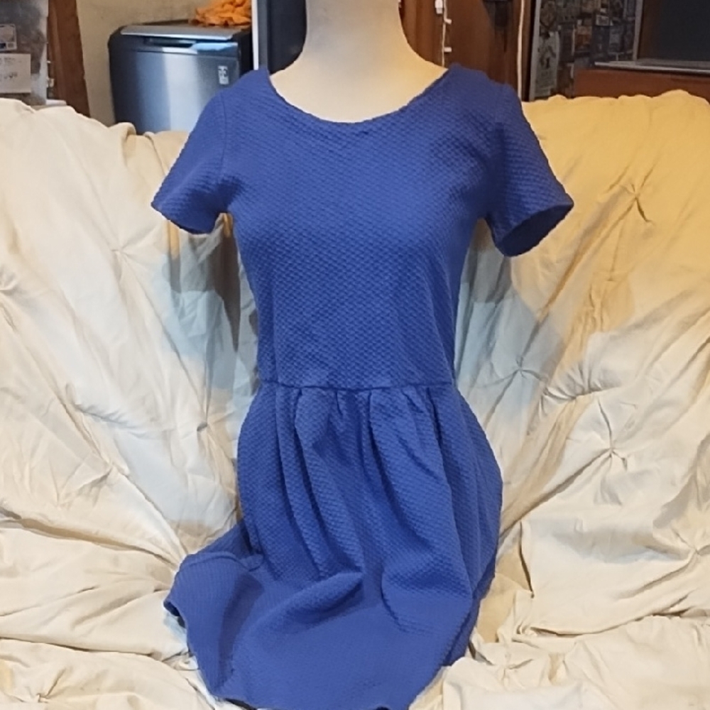 Ganni Royal Blue Short Sleeve Textured Fit-and-Flare Dress
